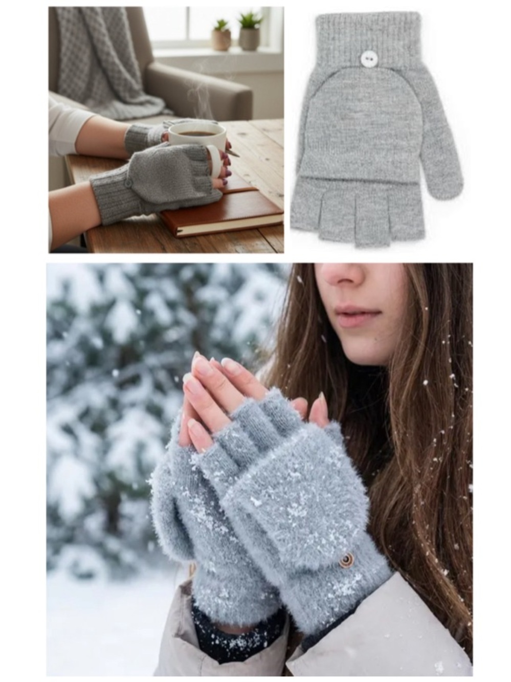 Fingerless Knit Winter Gloves Pop Top Mittens Unisex Mens Womens Adult Teen Gray